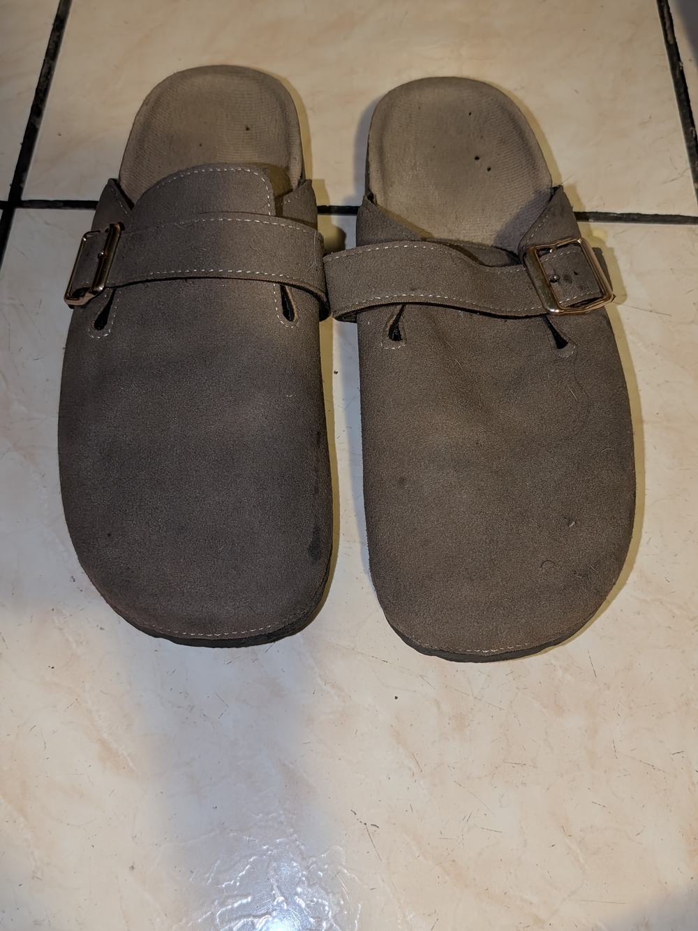 Men's Casual Suede Slide Sandals in Taupe with Buckle